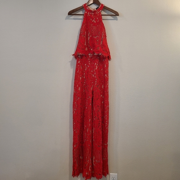 Lulus Britney Red Lace Halter Jumpsuit - Picture 3 of 8